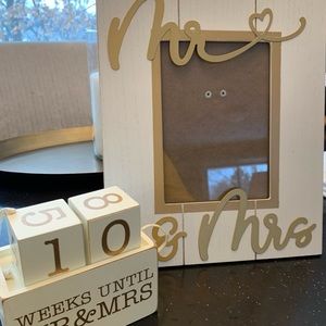 White w/ Gold Mr.&Mrs. frame & Countdown blocks with chalk